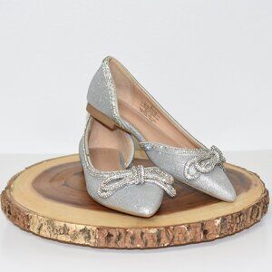 Women’s Silver Bow Flats - Glitter, Rhinestone Detail - Size 6, Like New
